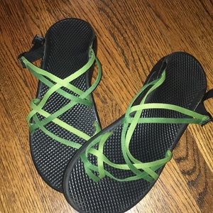 Chacos with green straps